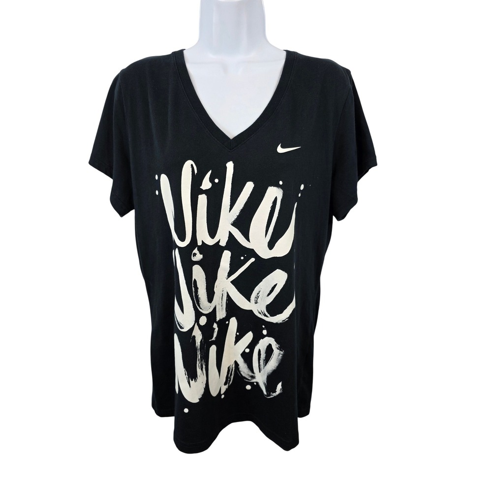 Nike Womens V Neck T Shirt Black Slim Fit Graphic Print Short Sleeve XL /B55